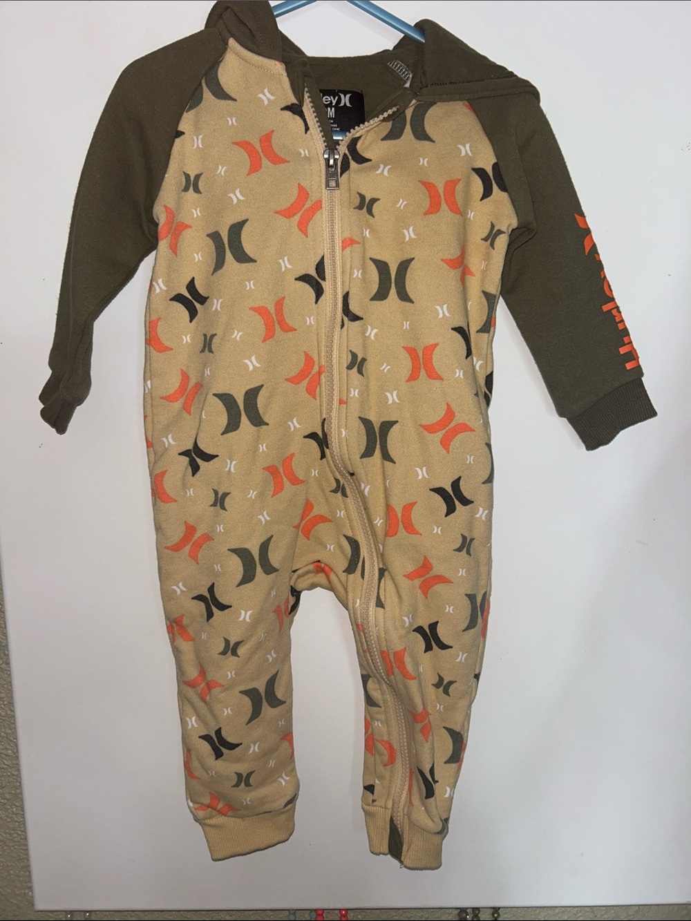Hurley Beige, Olive & Orange Logo Zip One-Piece Bodysuit